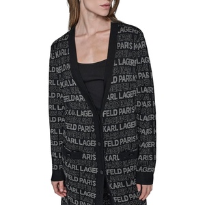 image:imageKarl Lagerfeld Womens Long Sleeve VNeck All Over Logo Long Cardigan SweaterBlackGunmetal