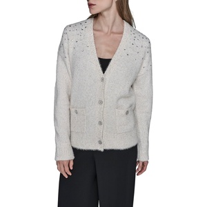 image:imageKarl Lagerfeld Womens Long Sleeve VNeck Bejewled Cardigan SweaterSoft WhiteGold