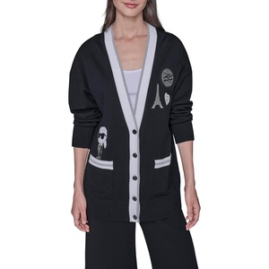 image:imageKarl Lagerfeld Womens Long Sleeve VNeck Whimsy Patches Oversized Cardigan SweaterBlackSoft White
