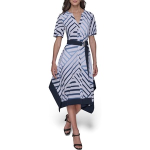 image:imageKarl Lagerfeld Womens Patterned Short Sleeves Belted Midi DressSoft WhiteChambray BlueMarine