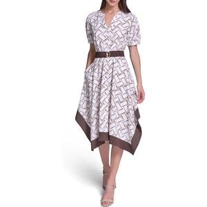 image:imageKarl Lagerfeld Womens Patterned Short Sleeves Belted Midi DressSoft WhiteHummus Multi