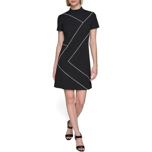 image:imageKarl Lagerfeld Womens Piping Details Mock Neck Short Sleeve Sheath DressBlack Soft White