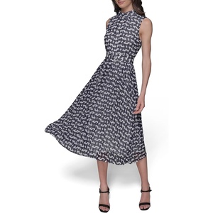 image:imageKarl Lagerfeld Womens Printed Belted Sleeveless Midi DressSft WhtMarne Combo