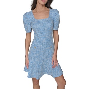 image:imageKarl Lagerfeld Womens Puff Sleeve Swaure Neck Flounce Tweed Aline Mini DressFrench BlueSoft White