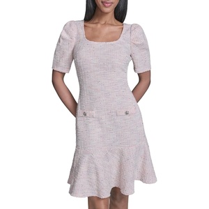 image:imageKarl Lagerfeld Womens Puff Sleeve Swaure Neck Flounce Tweed Aline Mini DressPink Multi
