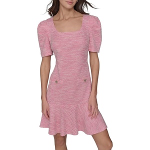 image:imageKarl Lagerfeld Womens Puff Sleeve Swaure Neck Flounce Tweed Aline Mini DressPink SherbertSoft White