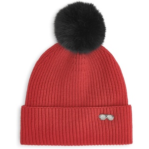 image:imageKarl Lagerfeld Womens Ribbed Beanie with Sunglasses Pin and Fur PomCrimson