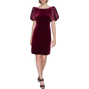 image:imageKarl Lagerfeld Womens Round Neck Taffeta Puff Sleeve Stretch Velvet Body Sheath DressBarolo Wine