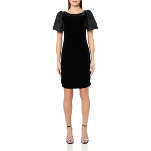 image:imageKarl Lagerfeld Womens Round Neck Taffeta Puff Sleeve Stretch Velvet Body Sheath DressBlack