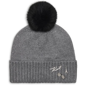 image:imageKarl Lagerfeld Womens Sequin Knit Faux Fur Pom BeanieHeather Granite