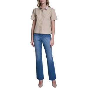 image:imageKarl Lagerfeld Womens Short Sleeve Gold Bead Collar Button Down Solid Cropped BlouseFrench Beige