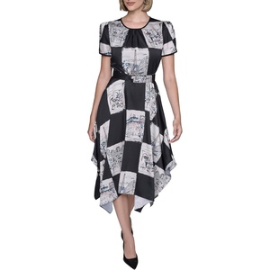image:imageKarl Lagerfeld Womens Short Sleeve Hanky Hem Tie Waist Printed Twill Midi DressBlackBirch Multi
