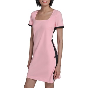 image:imageKarl Lagerfeld Womens Short Sleeve Square Neck Bow Embellished Shift Mini DressAlmond BlossomBlack
