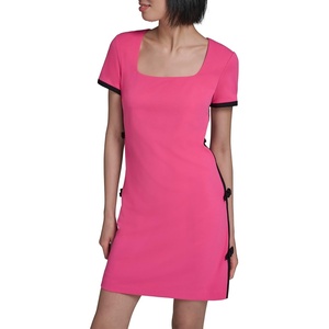 image:imageKarl Lagerfeld Womens Short Sleeve Square Neck Bow Embellished Shift Mini DressFuchsiaBlack