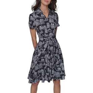 image:imageKarl Lagerfeld Womens Short Sleeve Surplice Neck Faux Wrap Belted Mini DressBlack Multi