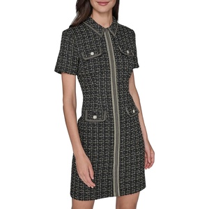 image:imageKarl Lagerfeld Womens Short Sleeve Twisted Metallic Tweed Sheath DressBlackGold Multi