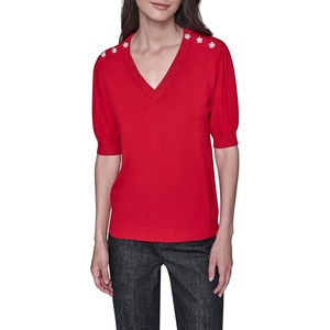 image:imageKarl Lagerfeld Womens Short Sleeve VNeck Crystal Button SweaterAdmiral Red