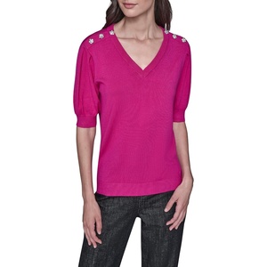 image:imageKarl Lagerfeld Womens Short Sleeve VNeck Crystal Button SweaterBright Jewel Pink