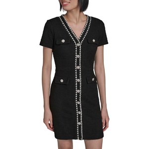 image:imageKarl Lagerfeld Womens Short Sleeve VNeck Embellished Tweed Sheath Mini DressBlack