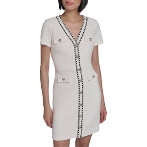 image:imageKarl Lagerfeld Womens Short Sleeve VNeck Embellished Tweed Sheath Mini DressSoft White