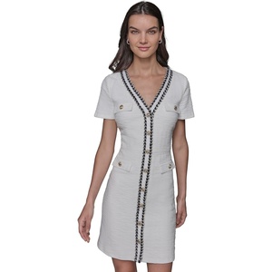 image:imageKarl Lagerfeld Womens Short Sleeve VNeck Embellished Tweed Sheath Mini DressSoft White Multi