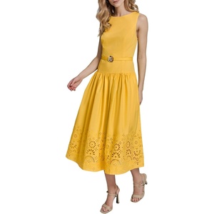 image:imageKarl Lagerfeld Womens Sleeveless Boat Neck Drop Waist Belted Midi DressCanary Yellow