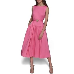 image:imageKarl Lagerfeld Womens Sleeveless Boat Neck Drop Waist Belted Midi DressPink Sherbert