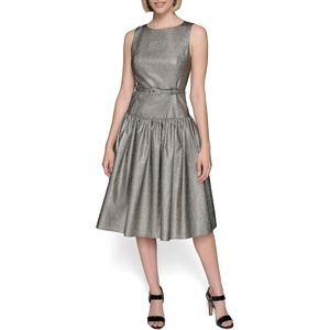 image:imageKarl Lagerfeld Womens Sleeveless Boat Neck Drop Waist Belted Midi DressSilver