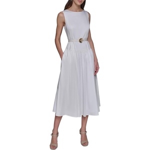 image:imageKarl Lagerfeld Womens Sleeveless Boat Neck Drop Waist Belted Midi DressSoft White