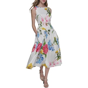 image:imageKarl Lagerfeld Womens Sleeveless Boat Neck Drop Waist Belted Midi DressSoft White Multi