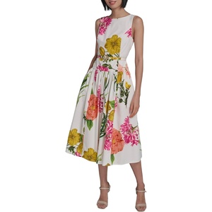 image:imageKarl Lagerfeld Womens Sleeveless Boat Neck Drop Waist Belted Midi DressSoft WhiteCamelia Combo