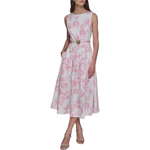 image:imageKarl Lagerfeld Womens Sleeveless Boat Neck Drop Waist Belted Midi DressSoft WhitePink Sherbert Multi