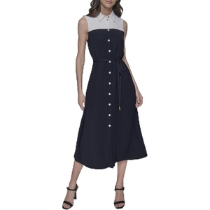 image:imageKarl Lagerfeld Womens Sleeveless Collared Two Toned Button Front Midi Dress with Rope BeltMarineSoft White