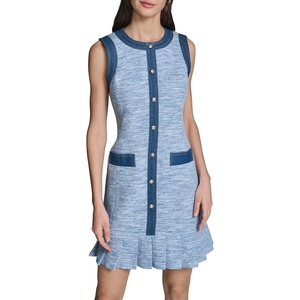image:imageKarl Lagerfeld Womens Sleeveless Crew Neck Denim Tweed Mini DressLight Blue Multi