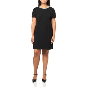 image:imageKarl Lagerfeld Womens Sleeveless Embellished Neckline Scuba Crepe Front Pockets Shift DressBlack