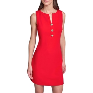 image:imageKarl Lagerfeld Womens Sleeveless Gold Buttoned Split Neck Mini Sheath DressTomato