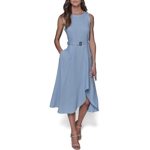 image:imageKarl Lagerfeld Womens Sleeveless Jewel Neck Belted Aline Midi DressChambray Blue