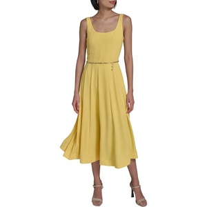 image:imageKarl Lagerfeld Womens Sleeveless Scoop Neck Belted Aline Midi DressSoft Lemon Chrome