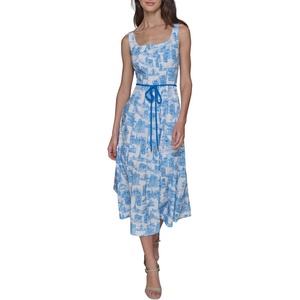 image:imageKarl Lagerfeld Womens Sleeveless Scoop Neck Belted Aline Midi DressSoft WhiteFrench Blue Combo