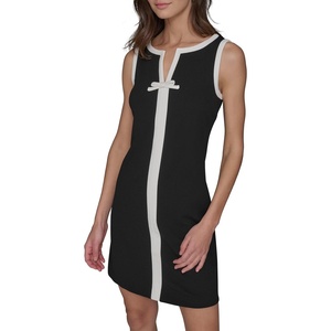 image:imageKarl Lagerfeld Womens Sleeveless Split Neck Contrast Trim Aline Mini Dress with Bow DetailBlackSoft White