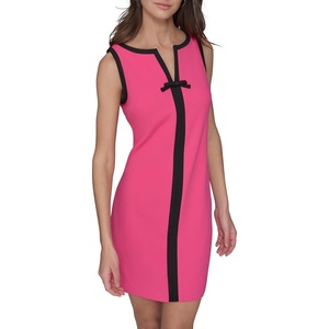image:imageKarl Lagerfeld Womens Sleeveless Split Neck Contrast Trim Aline Mini Dress with Bow DetailFuschiaBlack