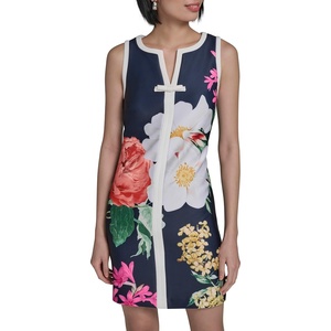 image:imageKarl Lagerfeld Womens Sleeveless Split Neck Contrast Trim Aline Mini Dress with Bow DetailMarineCamelia MultiSoft White