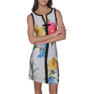 image:imageKarl Lagerfeld Womens Sleeveless Split Neck Contrast Trim Aline Mini Dress with Bow DetailSoft White FloralBlack
