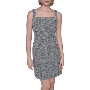 image:imageKarl Lagerfeld Womens Sleeveless Square Neck Metallic Knit Tweed Sheath Mini DressBlackSoft White Multi