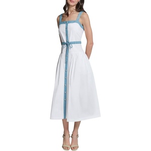 image:imageKarl Lagerfeld Womens Sleeveless Square Neck Tiered Mixed Media Tie Belt Midi DressWhite