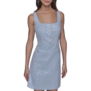 image:imageKarl Lagerfeld Womens Sleeveless Square Neck Tweed Aline Mini DressChambray Blue