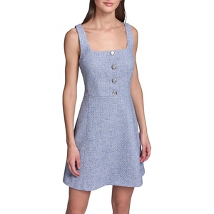 image:imageKarl Lagerfeld Womens Sleeveless Square Neck Tweed Pearl Button Aline DressBlue Multi