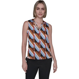 image:imageKarl Lagerfeld Womens Sleeveless Strappy VNeck Woven BlouseGlacier BlueBronze Multi