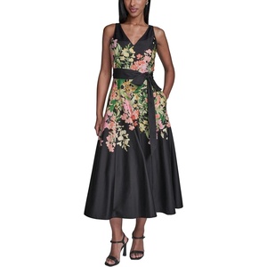 image:imageKarl Lagerfeld Womens Sleeveless VNeck Cotton Sateen Midi Placement Floral DressBlack Multi
