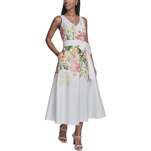 image:imageKarl Lagerfeld Womens Sleeveless VNeck Cotton Sateen Midi Placement Floral DressSoft White Multi